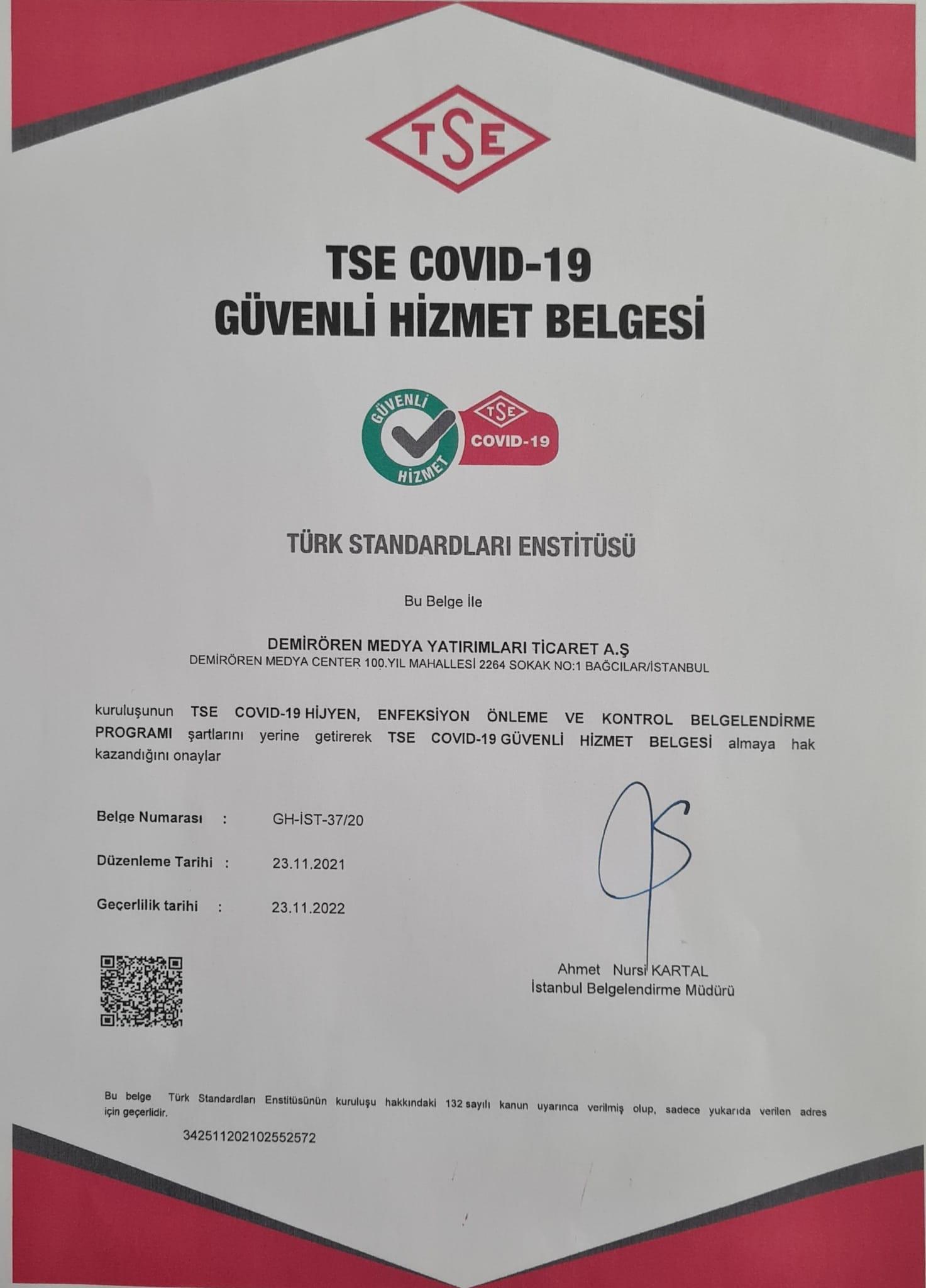 Demirören Medya’ya Covid-19 Güvenli Hizmet Belgesi