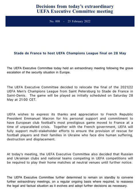 Şampiyonlar Ligi finali Rusyadan alınıp Fransaya verildi