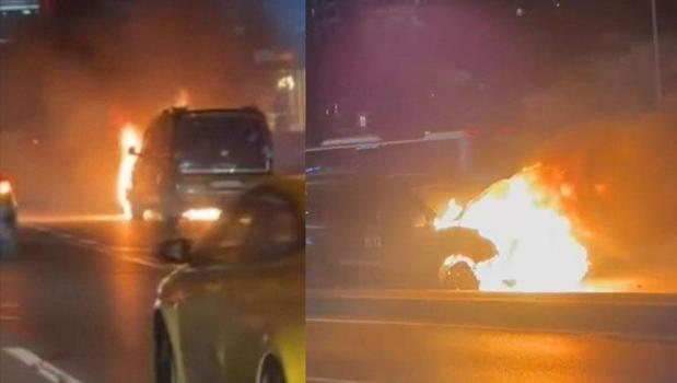 Esenyurt D-100 Karayolu'nda hafif ticari araç alev alev yandı)