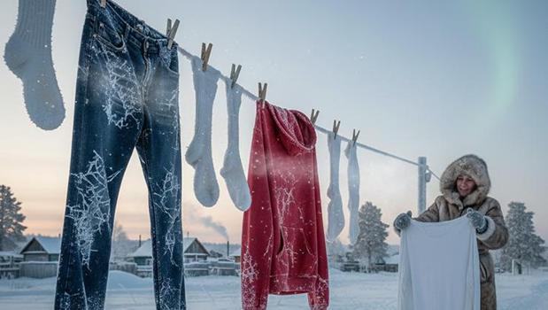 Sibiryalıların -50 derecede çamaşır kurutma sırrı! Bu yöntemi duyan şaşkına dönüyor)