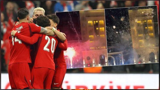 Priştine’de çirkin gece! Milli takımın oteline havai fişekli taciz)