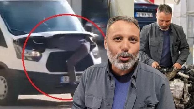 Canını hiçe saydı! Ustanın şaşırtan yöntemi: Hareket halindeki kamyonetin kaputuna yatıp arıza aradı)