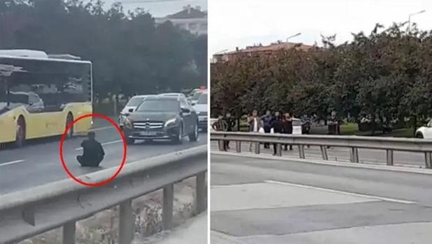 İstanbul D-100 karayolunda hareketli dakikalar! Bıçakla yola oturan şahıs trafiği felç etti)
