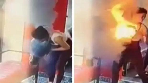 Çantasındaki şarj cihazı bomba gibi patladı! Saniyeler içinde alevler içinde kaldı)