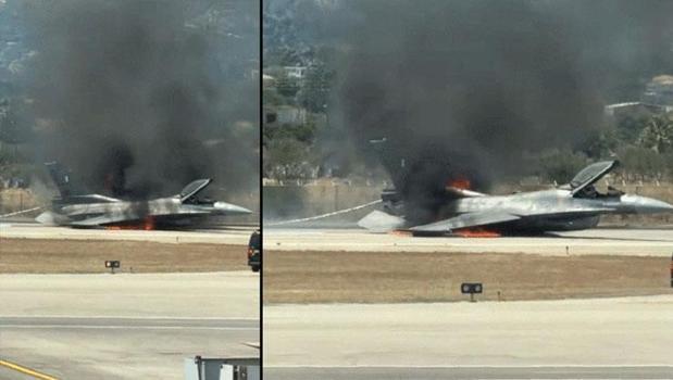 Havada alev alan Yunan F-16'sının iniş takımları açılmadı! Gövdesi üzerine indi)