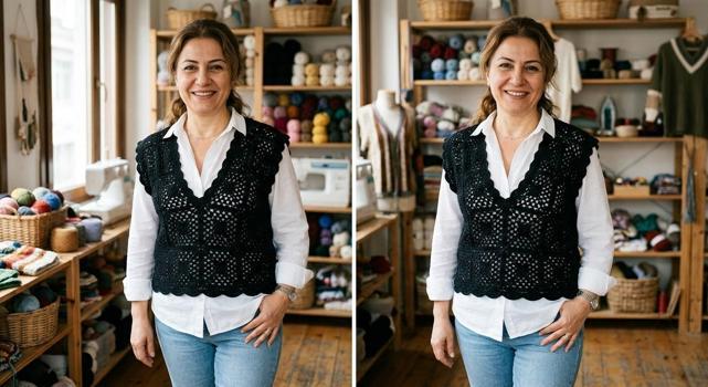 Gardırobun kurtarıcı parçası: Tek motiften siyah tığ işi yelek yapımı)