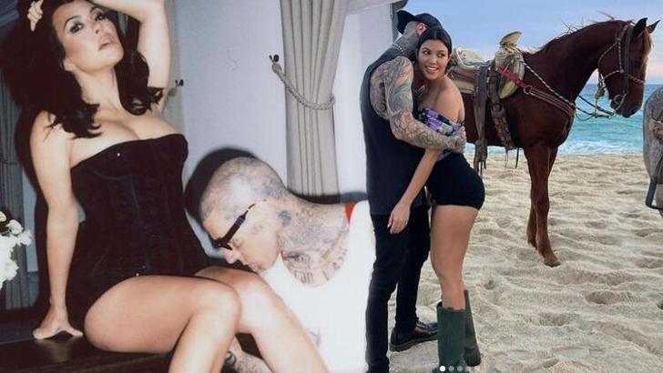 Kourtney Kardashian kocasının kucağında poz verdi