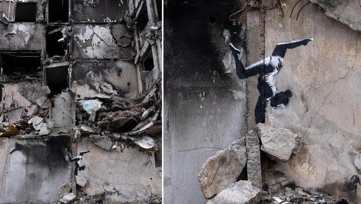 Banksy Ukrayna'da: Yıkılan binaya anlamlı dokunuş