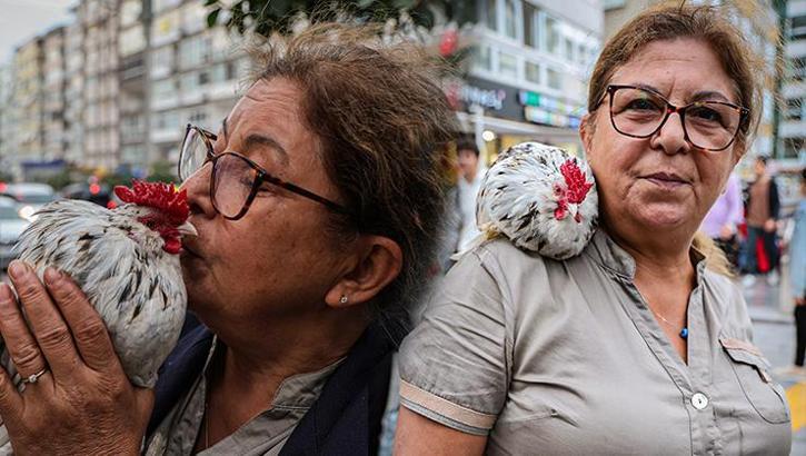İzmir sokaklarını omuzunda 'Horoz Bıdık' ile geziyor