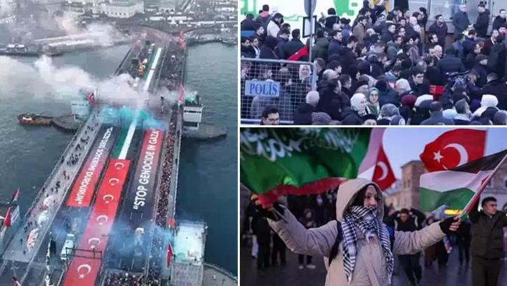 İstanbul'da Büyük Filistin Yürüyüşü! Galata Köprüsü'nde tarihi an!