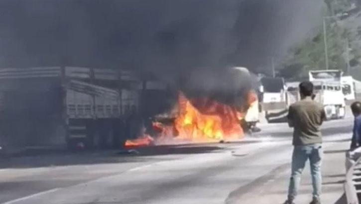 Adana'da korku dolu anlar! Büyükbaş hayvan yüklü tırda yangın çıktı