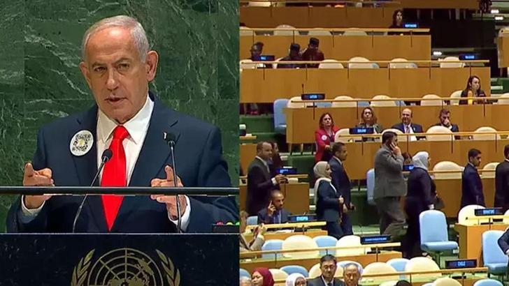 Netanyahu'ya BM'de protesto! Konuşması başladı, salon boşaldı