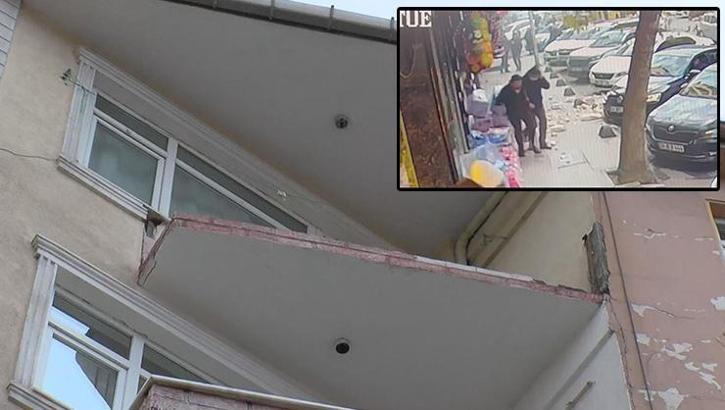 Facianın eşiğinden dönüldü! Binanın balkonundan dökülen beton parçaları yola düştü