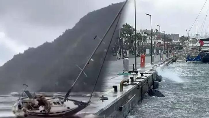 Muğla Marmaris’te fırtına etkisi! Yelkenli tekne karaya oturdu