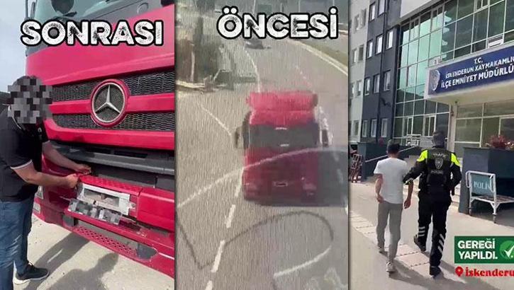 Hatay'da kuralları hiçe sayarak plakasını kapatan TIR sürücüsüne ağır ceza!