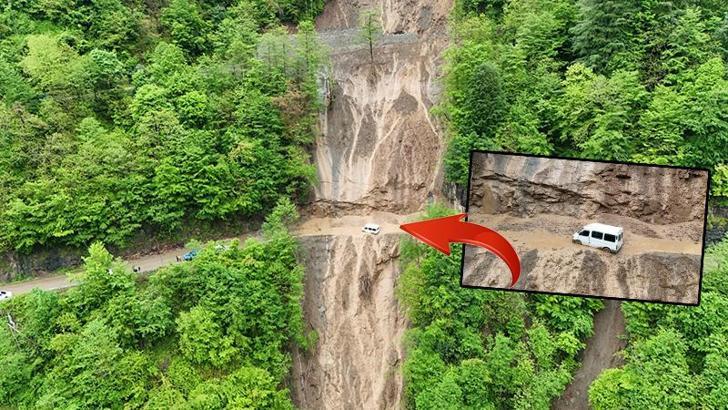 Trabzon'da korku dolu anlar! Heyelan minibüsü yuttu, 3 kişi son anda kurtuldu