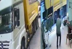 Beyoğlu'nda hafriyat kamyonu demir dubayı mermi gibi dükkana fırlattı: O anlar kamerada