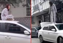 İstanbul’da ilginç anlar! Otomobilin üzerine çıkarak zıpladı