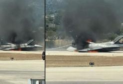 Havada alev alan Yunan F-16'sının iniş takımları açılmadı! Gövdesi üzerine indi