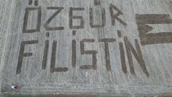 Traktör ile tarlalarına 'Özgür Filistin' yazdılar