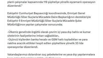 Eskişehir merkezli 33 ilde 119 şüpheliye yönelik 'yasa dışı bahis' operasyonu