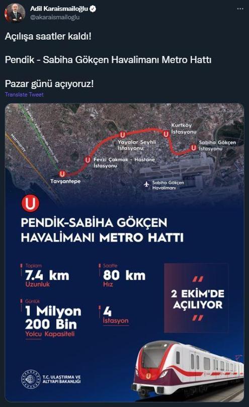 Açılışı Cumhurbaşkanı Erdoğan yapacak Pendik-Sabiha Gökçen metrosu seferlere başlıyor
