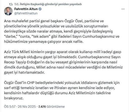 İletişim Başkanı Fahrettin Altun: Temelsiz isnat ve itirafları aynen iade ediyoruz