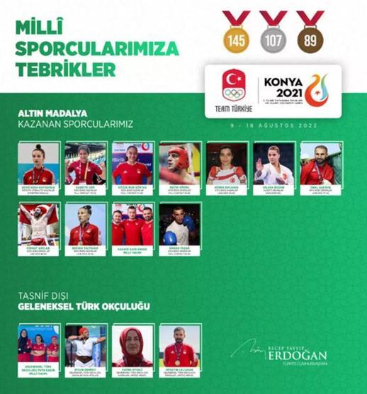Cumhurbaşkanı Erdoğandan madalya alan milli sporculara tebrik