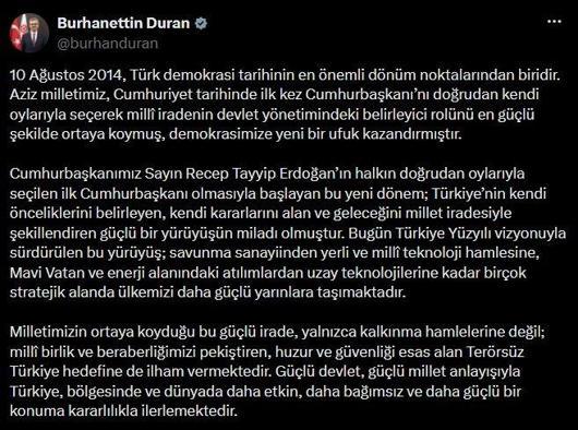 Burhanettin Duran: 10 Ağustos 2014, Türk demokrasi tarihinin en önemli dönüm noktalarından biridir