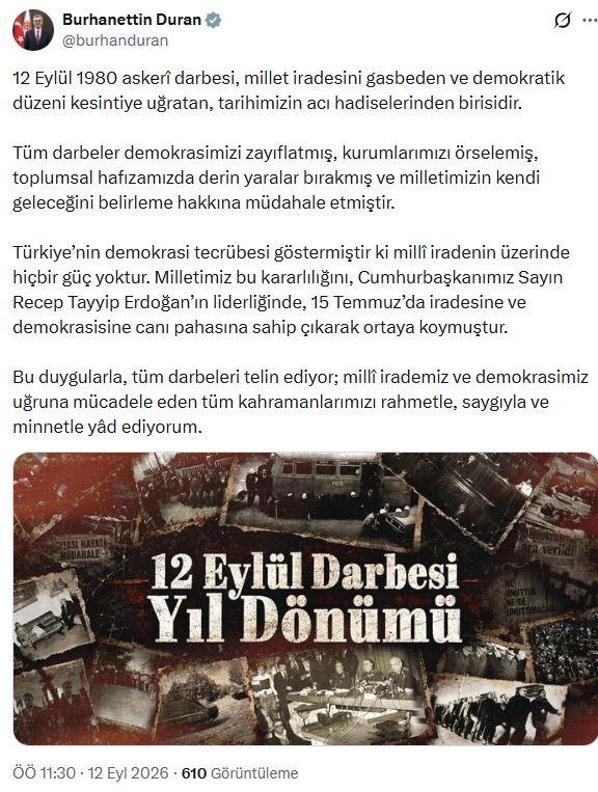 İletişim Başkanı Durandan, 12 Eylül darbesinin yıl dönümü mesajı