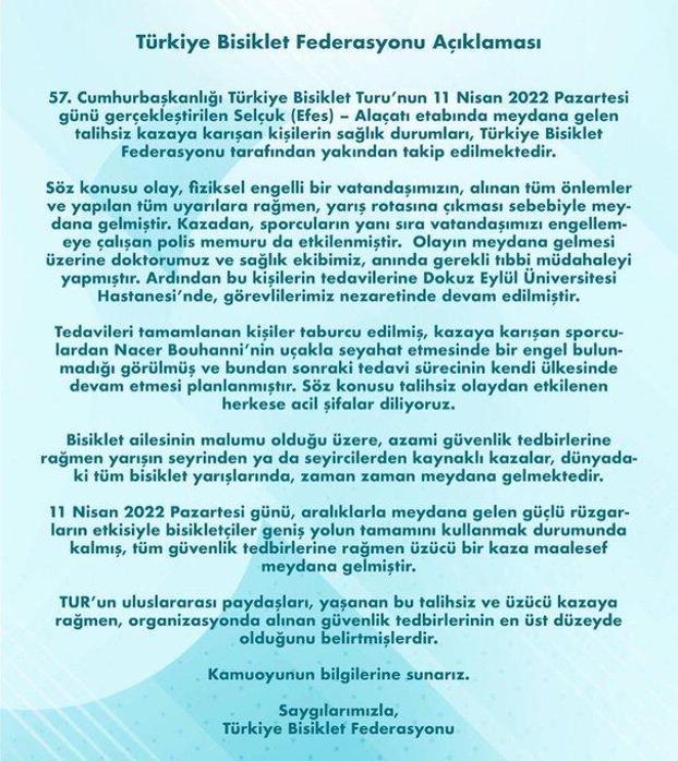Türkiye Bisiklet Federasyonu yaşanan kazayla ilgili açıklama yaptı