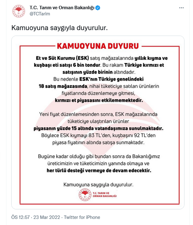 Tarım Bakanlığından et fiyatına zam açıklaması