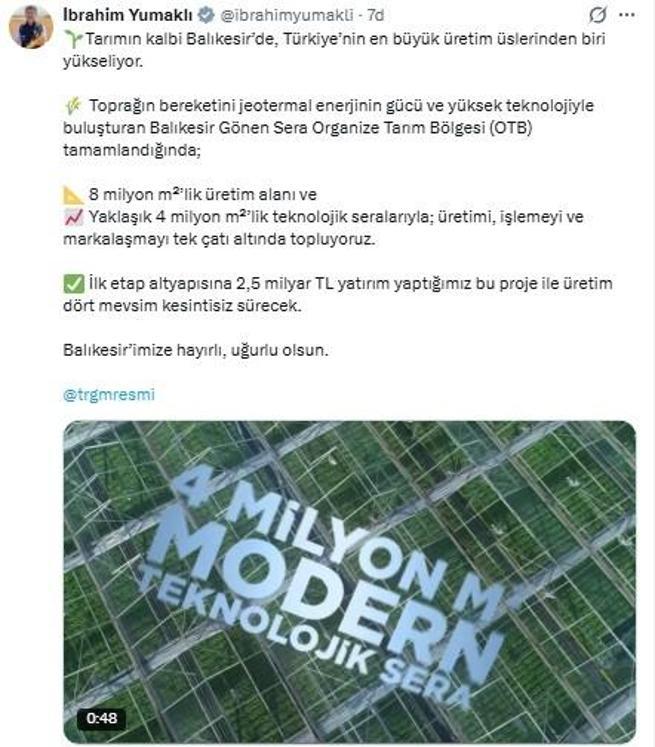 Bakan Yumaklı Balıkesir için müjdeyi verdi Türkiyenin en büyük üretim üslerinden biri yükseliyor