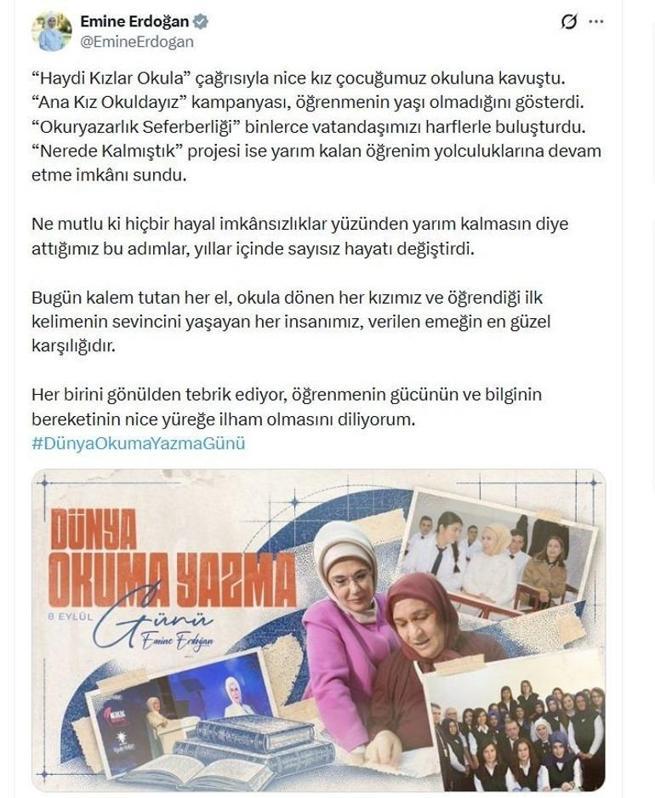 Emine Erdoğan’dan Dünya Okuma Yazma Günü mesajı: Sayısız hayatı değiştirdik