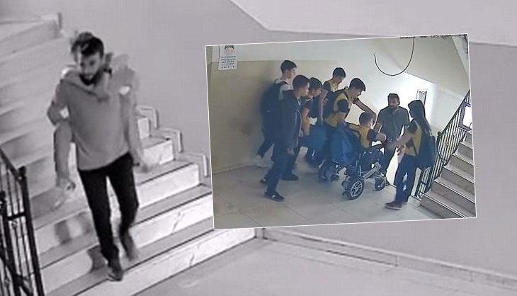 Yürek ısıtan görüntü! Bedensel engelli öğrencisini sırtında taşıdı