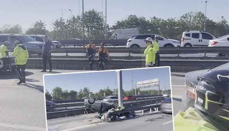 Küçükçekmece'de feci kaza! Otomobil bariyerlere çarparak takla attı