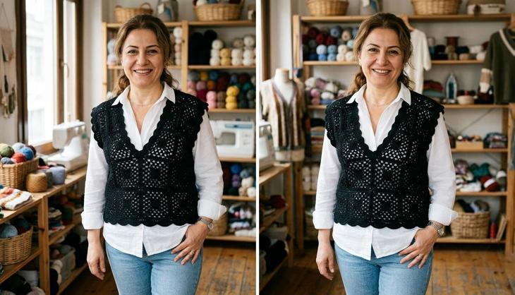 Gardırobun kurtarıcı parçası: Tek motiften siyah tığ işi yelek yapımı