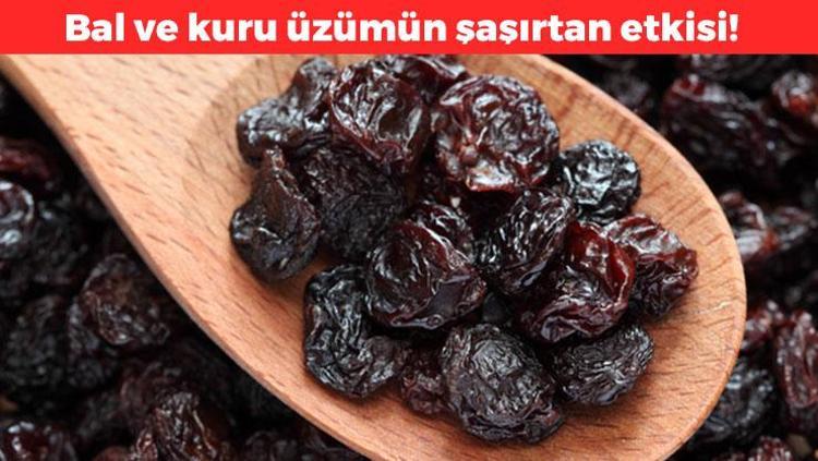 Bal ve kuru üzümü karıştırın Kuru öksürüğü bıçak gibi kesiyor, boğazdaki gıcığı silgi gibi siliyor