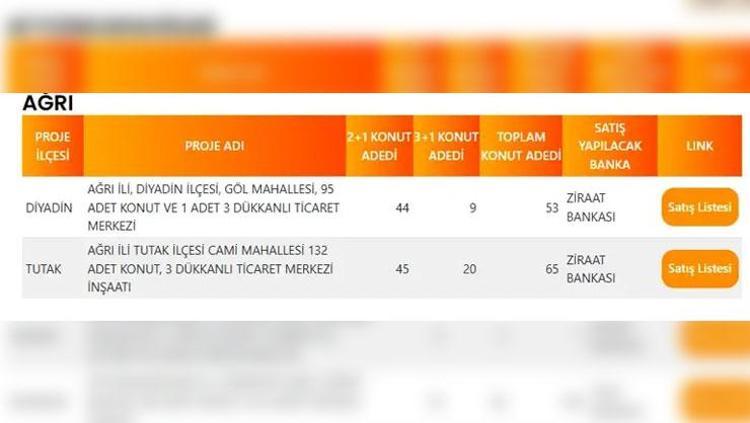 AĞRI TOKİ PROJE LİSTESİ