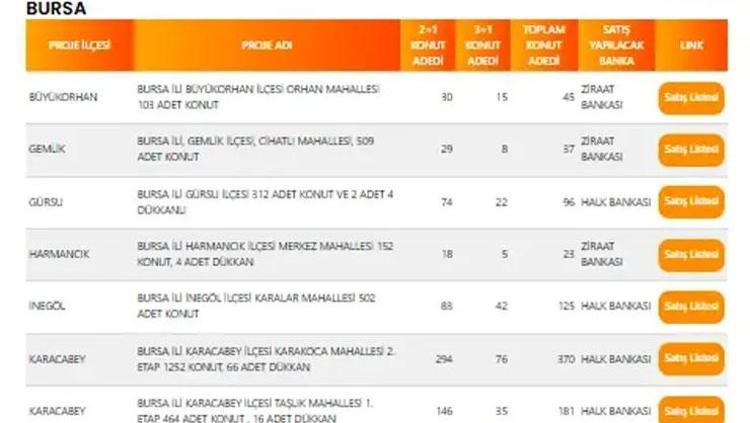 BURSA TOKİ PROJE LİSTESİ