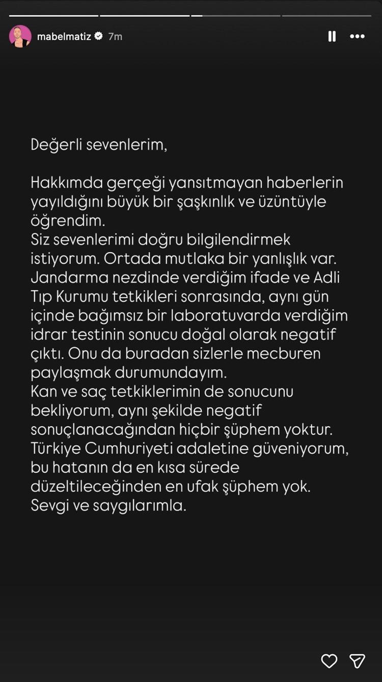 Yasaklı madde testi pozitif çıkan Mabel Matizden açıklama Sizlerle mecburen paylaşmak zorundayım