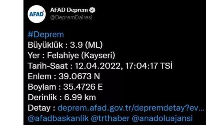 Kayseride deprem AFADdan açıklama