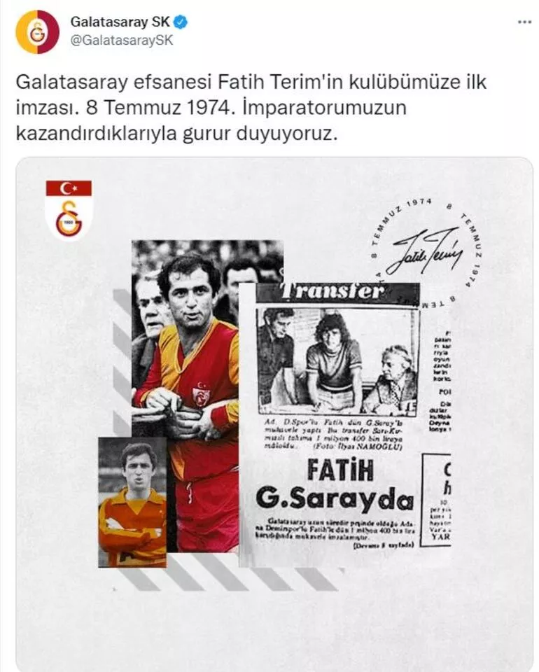 Galatasaraydan sezon ortasında ayrılan Fatih Terim ile ilgili sarı-kırmızılı kulüpten paylaşım geldi