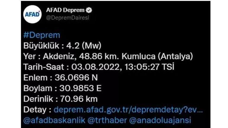 Antalyada deprem Kumlucada 4.2 büyüklüğünde deprem oldu