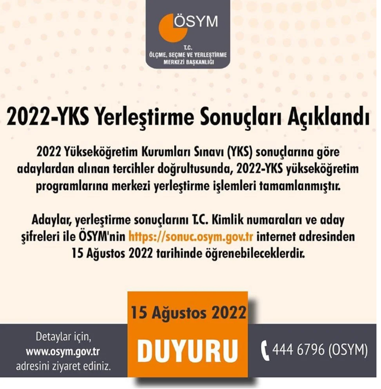 2022 ÖSYM AİS YKS yerleştirme sonuç sayfası YKS tercih sonuçları açıklandı  Üniversite yerleştirme sonuçlarına nereden bakılır