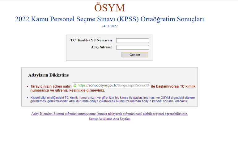 KPSS 2022 ortaöğretim sonuç sayfası ÖSYM KPSS ortaöğretim (Lise) sonuçlarına nereden ve nasıl bakılır