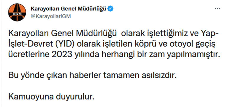 2023te köprü ve otoyollara zam geldi mi KGMden iddialara yanıt