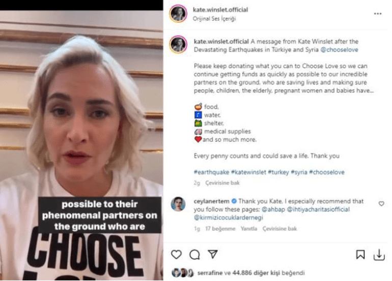 Kate Winslet, Türkiye için yardım çağrısında bulundu