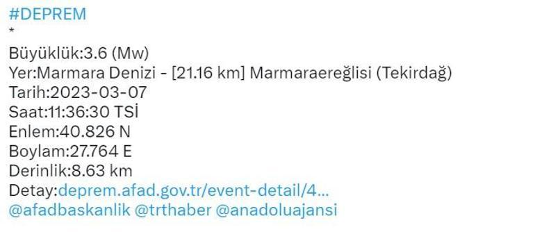 SON DAKİKA: Marmara Denizinde deprem oldu Kandilli Rasathanesi ve AFAD Son depremler listesi