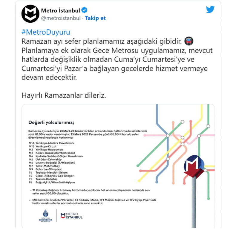 İstanbulda metro seferleri saatlerine Ramazan ayı düzenlemesi